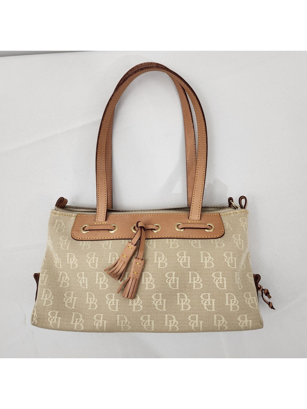 Dooney & Bourke Signature DB Monogram Tassel Tote Bag Brown Tan Leather Canvas